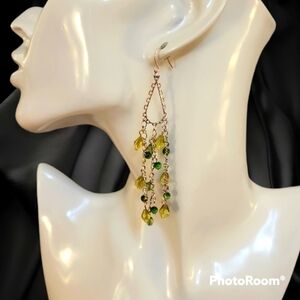3/$30 1990s Long Yellow Green Beaded Teardrop Chandalier Earrings